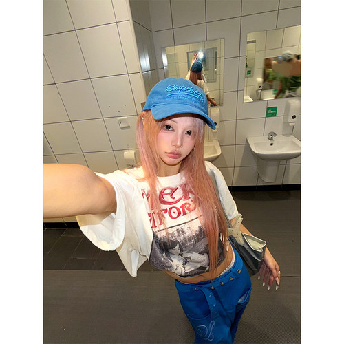 NECOYEP美式设计感人像字母印花短袖T恤女夏季宽松百搭短款打底衫
