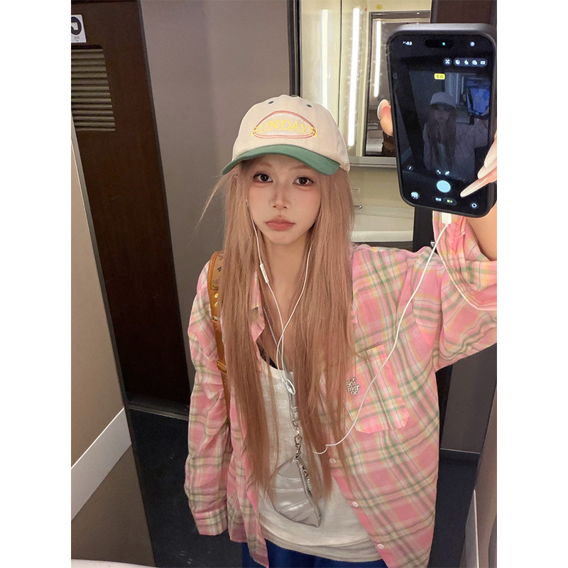 NECOYEP 美式复古撞色粉格翻领长袖衬衫男女宽松百搭多巴胺衬衣
