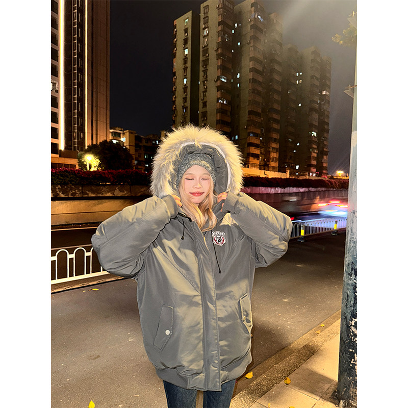 NECOYEP 美式复古毛领连帽棉服男女秋冬宽松休闲保暖派克服外套