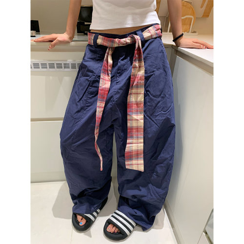 NECOYEP 美式复古格子绑带廓形弯刀休闲裤男女宽松直筒阔腿长裤