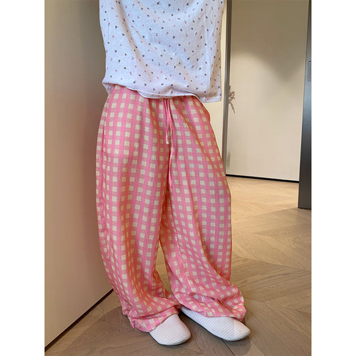NECOYEP 美式慵懒松弛感粉格阔腿休闲裤男女宽松百搭潮流拖地长裤