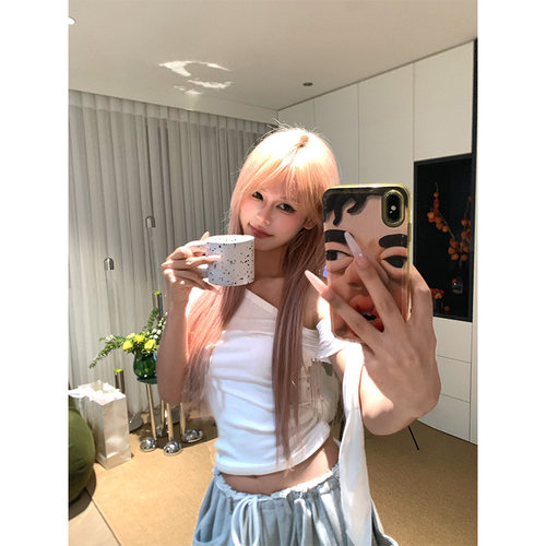 NECOYEP夏季美式辣妹斜肩T恤女小众镶钻修身显瘦露肩打底短上衣