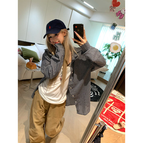 NECOYEP美式复古格子撞色长袖衬衫男女夏季宽松休闲百搭防晒衬衣