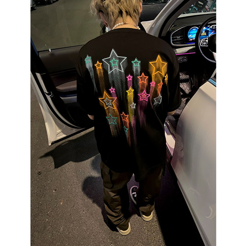 潮牌复古星星印花短袖T恤
