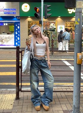 NECOYEP 2025春季美式水洗做旧直筒牛仔裤男女宽松百搭显瘦长裤潮