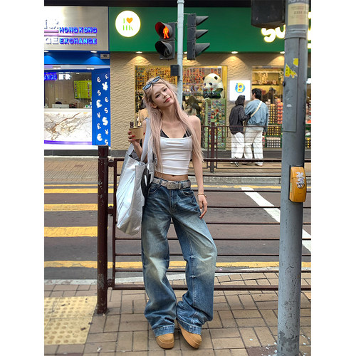 NECOYEP 2025春季美式水洗做旧直筒牛仔裤男女宽松百搭显瘦长裤潮