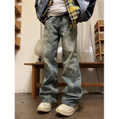 男痞帅宽松阔腿长裤 复古水洗做旧直筒牛仔裤 子 2025美式 NECOYEP