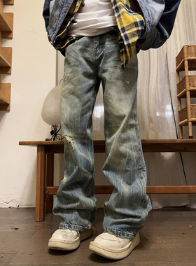 NECOYEP 2025美式复古水洗做旧直筒牛仔裤男痞帅宽松阔腿长裤子