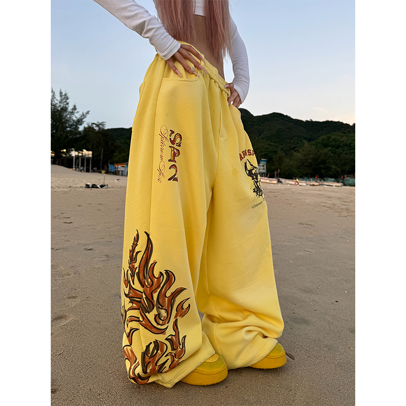 NECOYEP 美式复古手绘火焰印花阔腿卫裤男女宽松休闲百搭直筒长裤