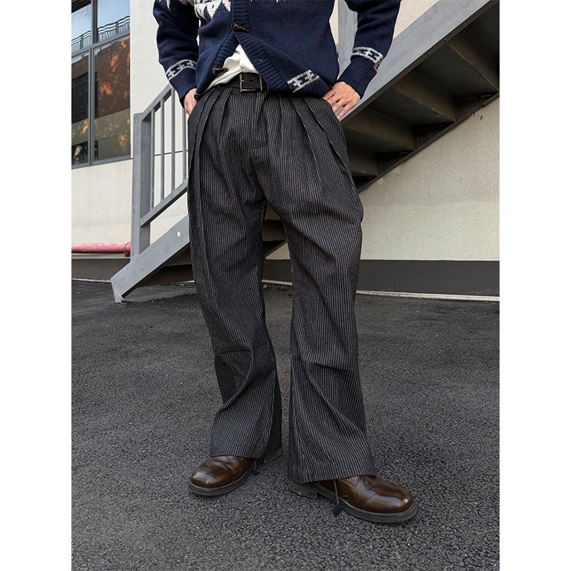 NECOYEP 美式老钱风三褶条纹阔腿西裤男女宽松百搭直筒通勤休闲裤