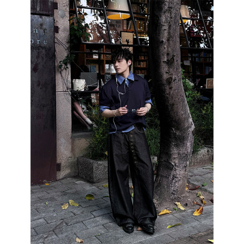 NECOYEP 美式设计感排扣阔腿牛仔裤男女宽松休闲百搭质感拖地长裤