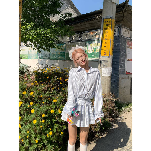 NECOYEP夏季美式甜美风条纹翻领衬衫气质显瘦半身裙休闲两件套女