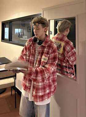 NECOYEP2025美式高街拼色设计感格子长袖衬衫秋男女宽松潮流外套