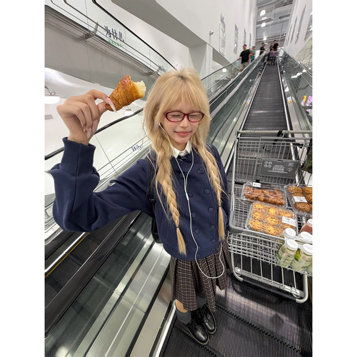 NECOYEP 美式复古双排扣连帽开衫卫衣女春秋宽松休闲百搭外套