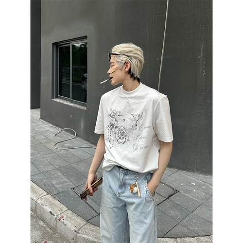 NECOYEP 美式复古手绘印花圆领短袖夏季男女宽松cleanfit正肩T恤