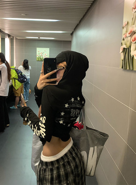 NECOYEP 美式袖边字母印花哥特风连帽T恤夏季女修身防晒罩衫