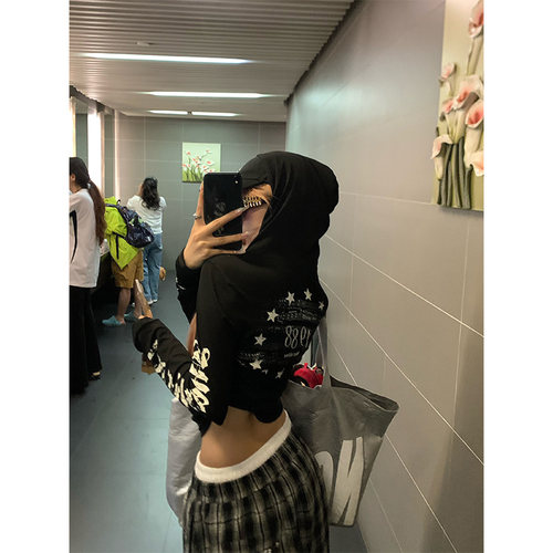 NECOYEP 美式袖边字母印花哥特风连帽T恤夏季女修身防晒罩衫