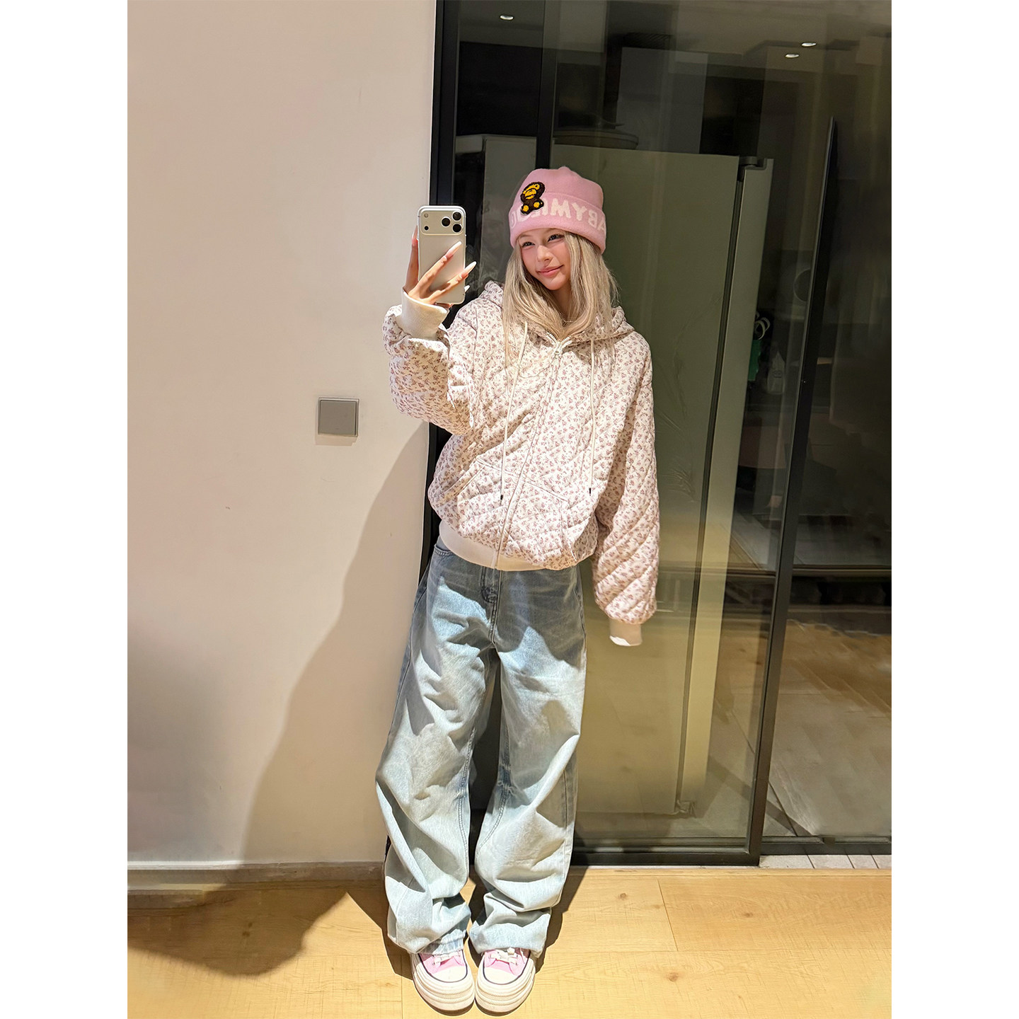 NECOYEP 美式水洗猫须折痕阔腿牛仔裤男女宽松休闲百搭直筒长裤