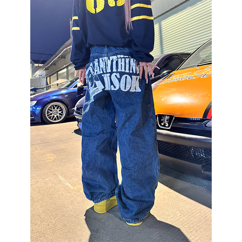 NECOYEP 美式复古设计感印花阔腿牛仔裤男女宽松休闲百搭拖地长裤