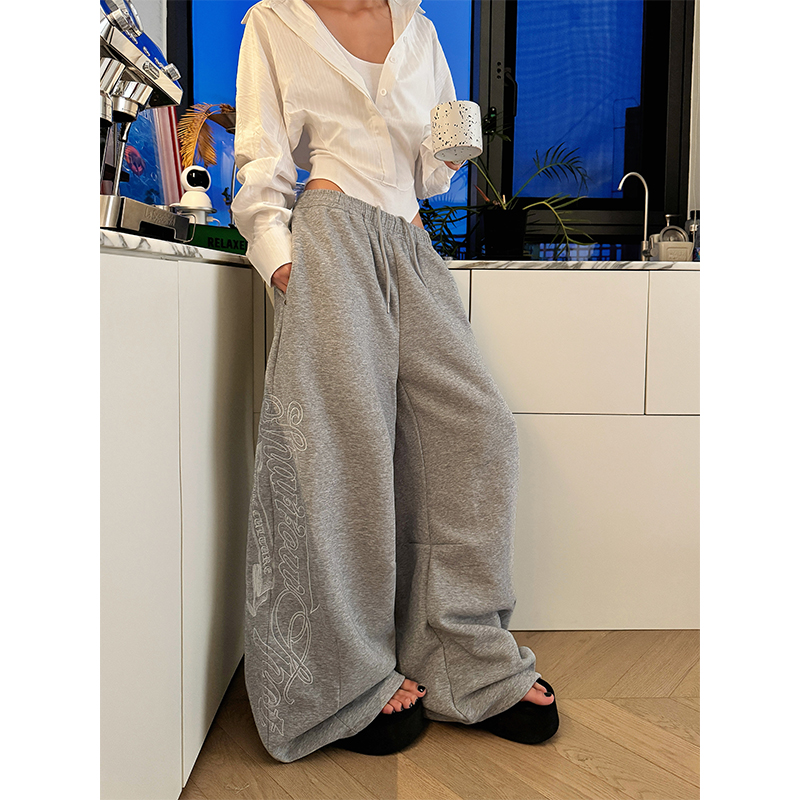 NECOYEP 美式侧边字母刺绣抽绳阔腿卫裤男女宽松休闲百搭直筒长裤