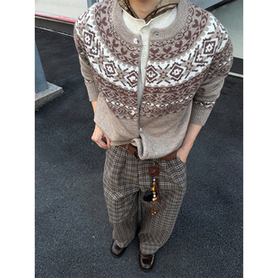 NECOYEP 美式复古费尔岛提花开衫针织毛衣男女休闲百搭老钱风上衣