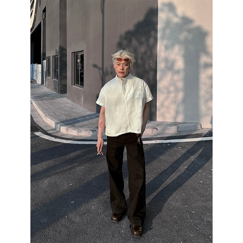 NECOYEP美式立领设计感短袖衬衫T恤男女下摆抽绳气质潮流百搭上衣