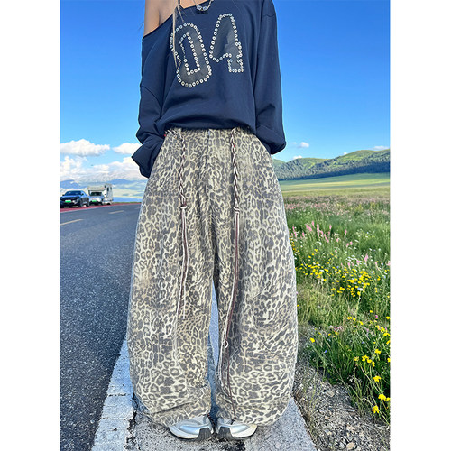 NECOYEP 美式复古豹纹弯刀阔腿裤男女宽松休闲慵懒直筒拖地长裤