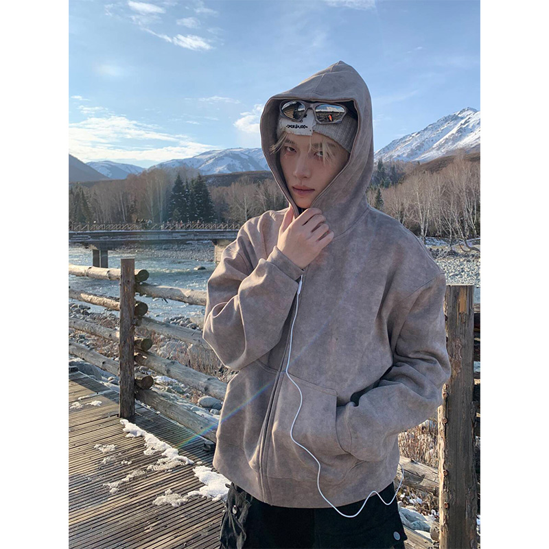 NECOYEP 2025秋冬美式废土风扎染水洗连帽卫衣男女宽松帽衫外套