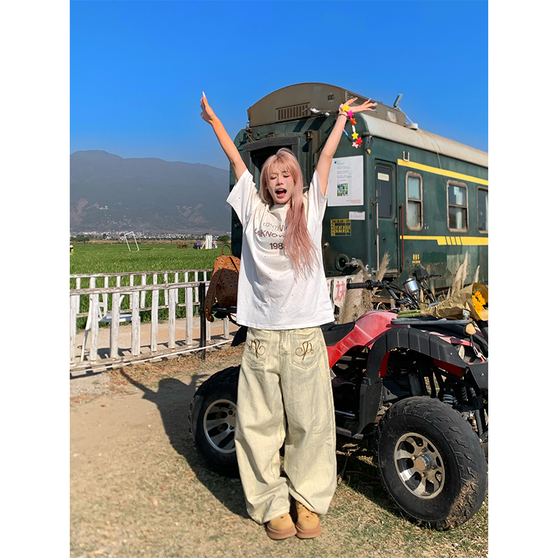 NECOYEP 美式复古做旧脏染水洗牛仔裤男女宽松休闲阔腿拖地长裤