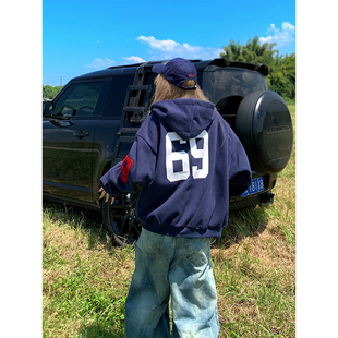 NECOYEP 美式复古字母印花连帽卫衣开衫男女秋季运动宽松休闲帽衫