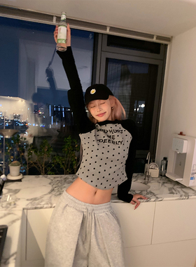 NECOYEP美式字母波点印花拼色插肩长袖T恤男女春夏休闲百搭打底衫