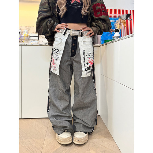 NECOYEP 美式设计感做旧反穿大口袋阔腿牛仔裤男女宽松潮流长裤潮