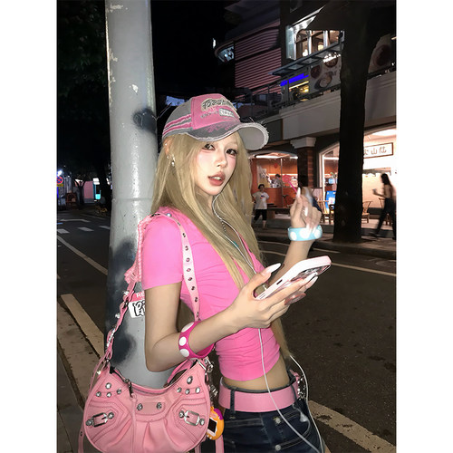 NECOYEP 美式复古深V领短袖T恤女辣妹夏季修身显瘦百搭露脐短上衣