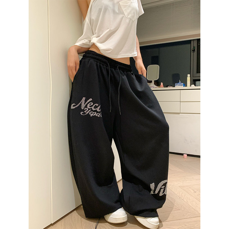 NECOYEP自制美式复古字母烫钻松紧腰阔腿卫裤男女宽松休闲长裤