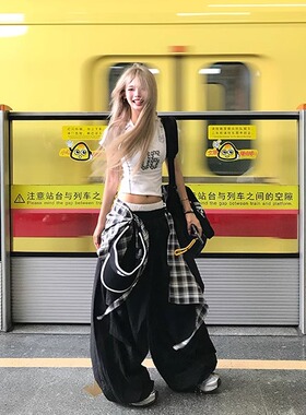 NECOYEP美式嘻哈街舞叠穿可拆卸阔腿裤男女宽松垂感休闲拖地长裤