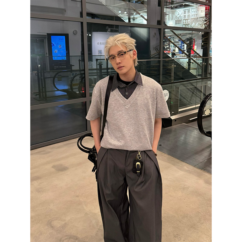 NECOYEP美式小众设计假两件衬衫领短袖T恤男女夏季宽松休闲POLO衫