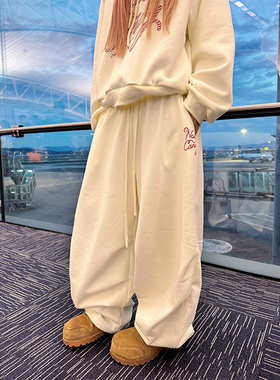 NECOYEP 美式复古蝴蝶结印花抽绳休闲裤男女宽松百搭阔腿拖地长裤