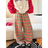 男女休闲百搭直筒阔腿长裤 设计感彩色格纹抽绳休闲裤 美式 NECOYEP