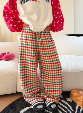 NECOYEP 美式设计感彩色格纹抽绳休闲裤男女休闲百搭直筒阔腿长裤