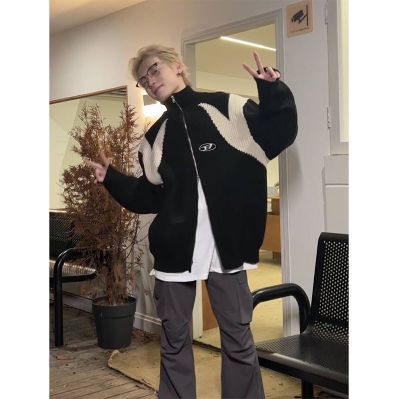 NECOYEP双拉链开衫长袖毛衣外套