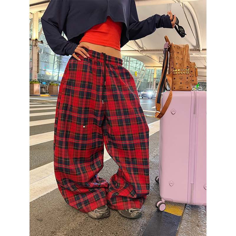 NECOYEP 美式设计感拼色格子抽绳休闲裤男女宽松百搭阔腿拖地长裤,男装,休闲裤,淘宝优惠券,粉丝福利购,淘宝优惠卷