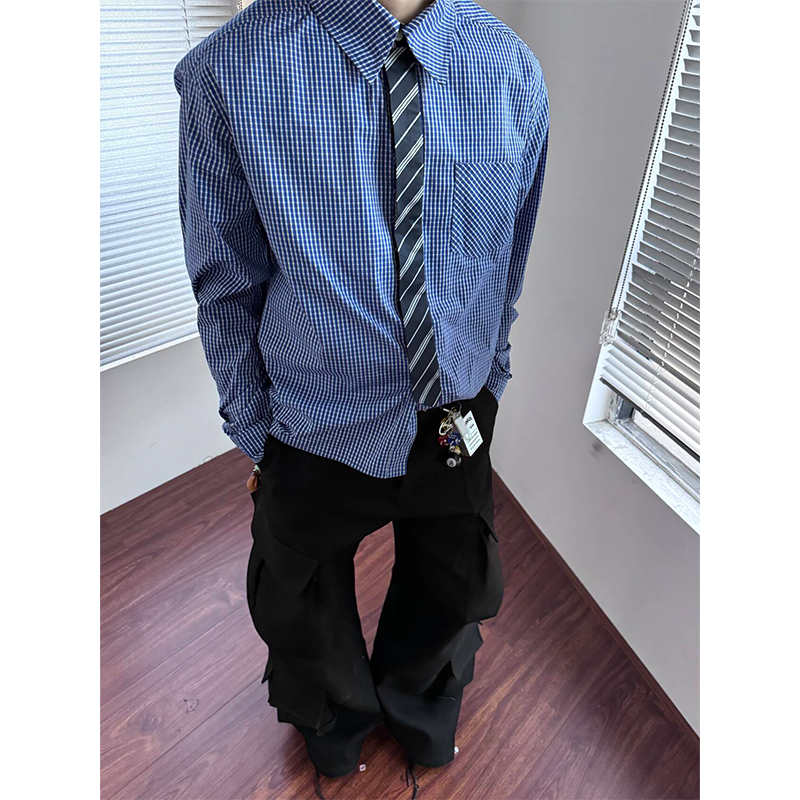 NECOYEP 2025春季美式蓝色格子撞色长袖衬衫男设计感宽松百搭衬衣