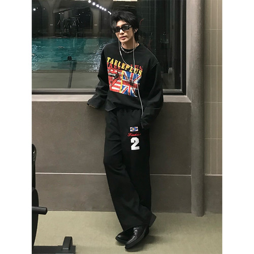 NECOYEP 美式复古松紧腰字母刺绣卫裤男女宽松休闲百搭运动长裤