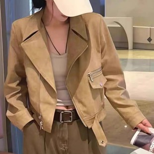夹克上衣 鹿皮绒外套女高级感复古小个子机车服港风短款 2024秋季 款