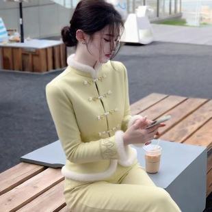 女冬 子两件套装 新中式 国风独特漂亮绝美气质高级感黄色加绒外套裤