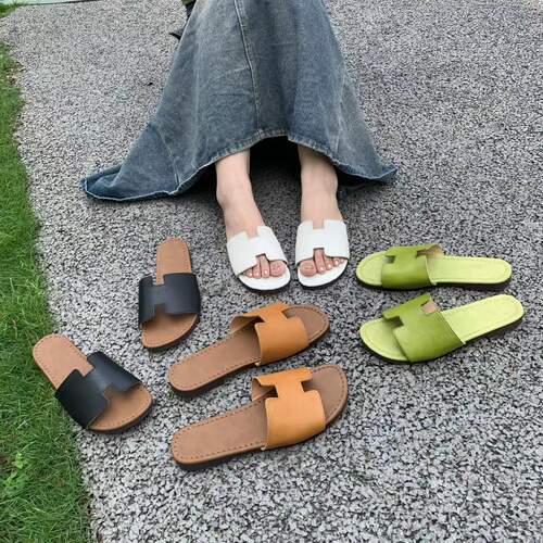 小牛皮复古一字拖女外穿舒适韩系经典百搭平底H拖鞋女沙滩鞋森系