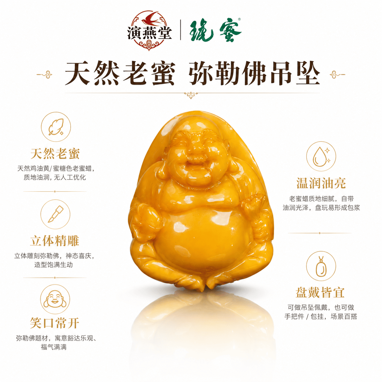 演燕堂蜜琥老蜜琥珀弥勒佛吊坠立体精雕温润油亮新中式笑口常开