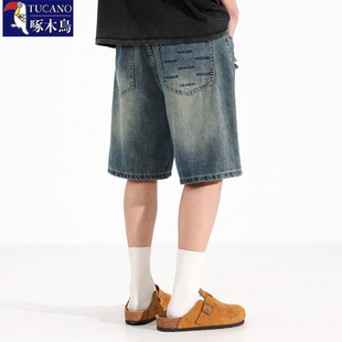啄木鸟破洞做旧直筒牛仔短裤男款夏季薄款潮流宽松阔腿男士五分裤