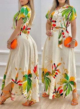 Women casual printed top and skirt欧美新款时尚定位印花裙套装
