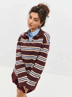 长袖条纹恤女欧美春款领宽松体恤潮流复古打底体恤